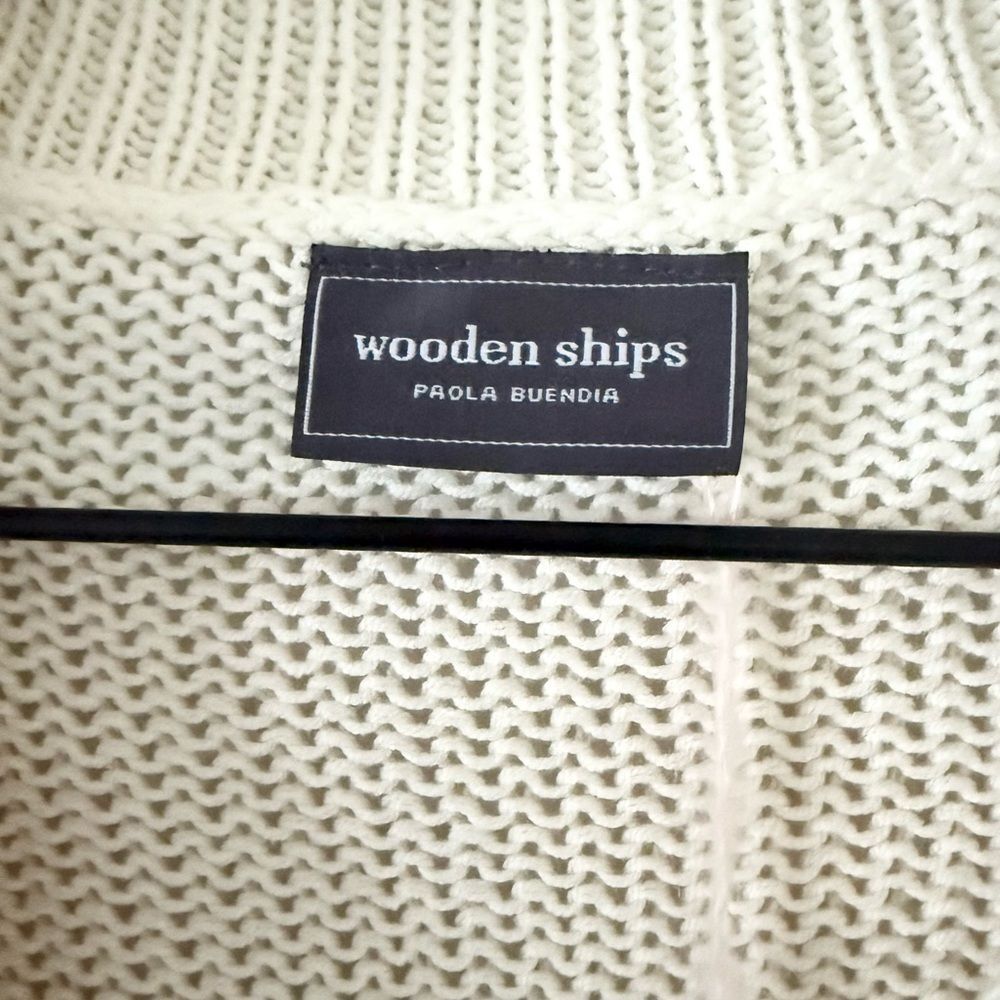 Wooden Ships Loose Knit Short Sleeve V-Neck Sweater in Tan & White Stripe S/M - Picture 4 of 8